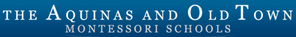 Logo of The Aquinas and Old Town Montessori Schools, white lettering on a solid blue background